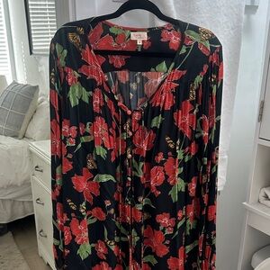 Camila Coelho Black Floral Tie-Front Blouse with Red & Green Print